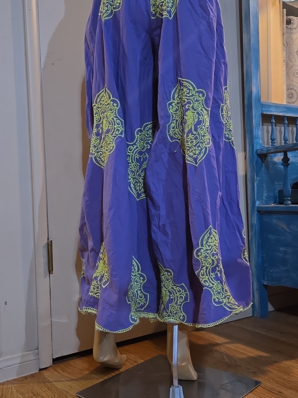 Bohemian Embroidered Wide-Leg  Festival Pants in Purple and Lime
